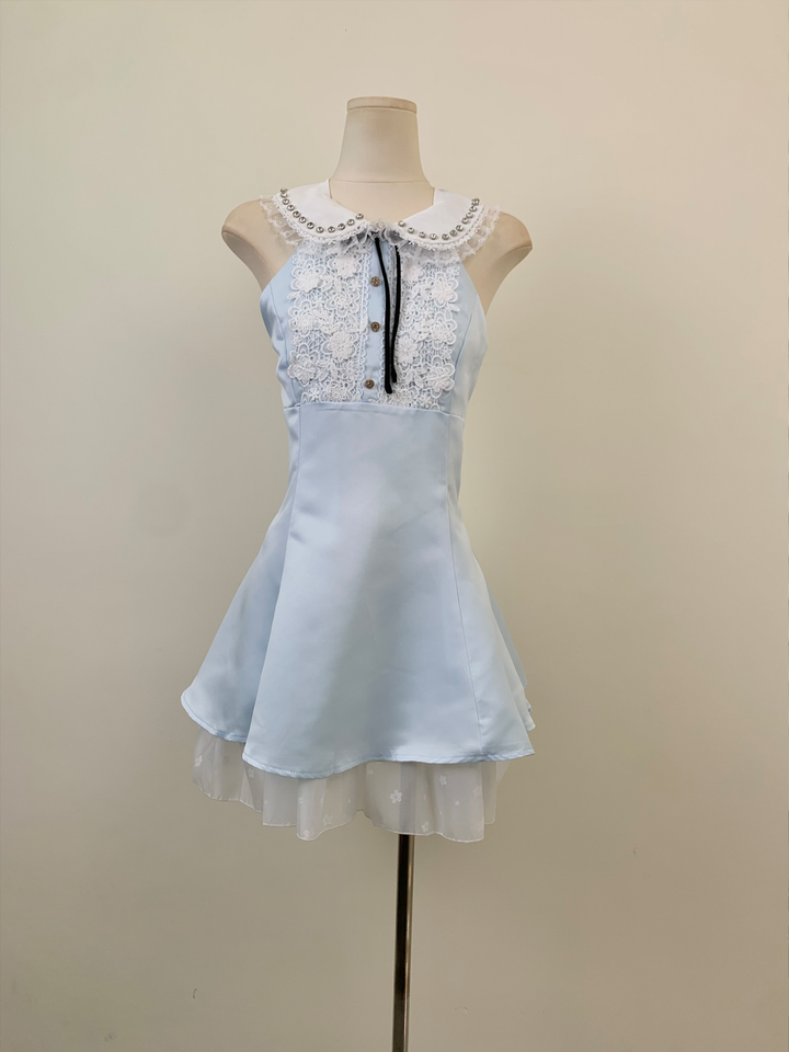 【dress】レースドッキングピーターパンカラーミニワンピース Q8549