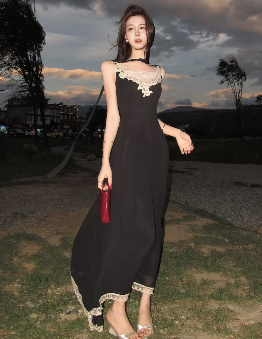 【dress】スカーフ付きレースドッキングロングワンピース Q8691