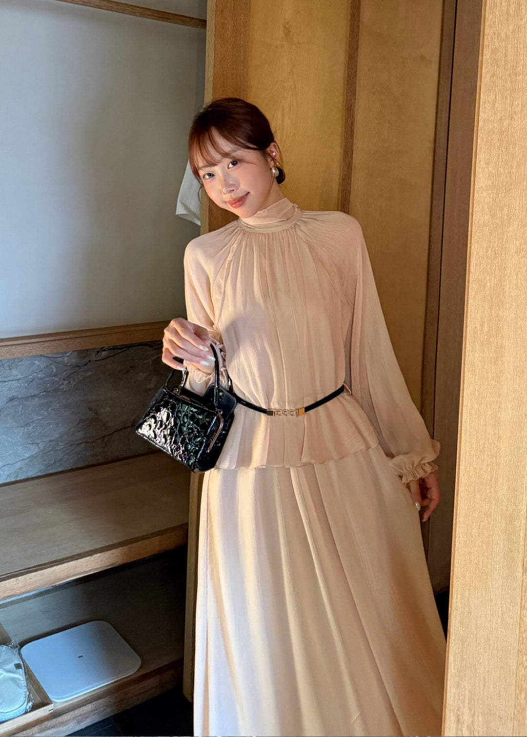【dress】ベルト付きバックリボンロングワンピース Q8984