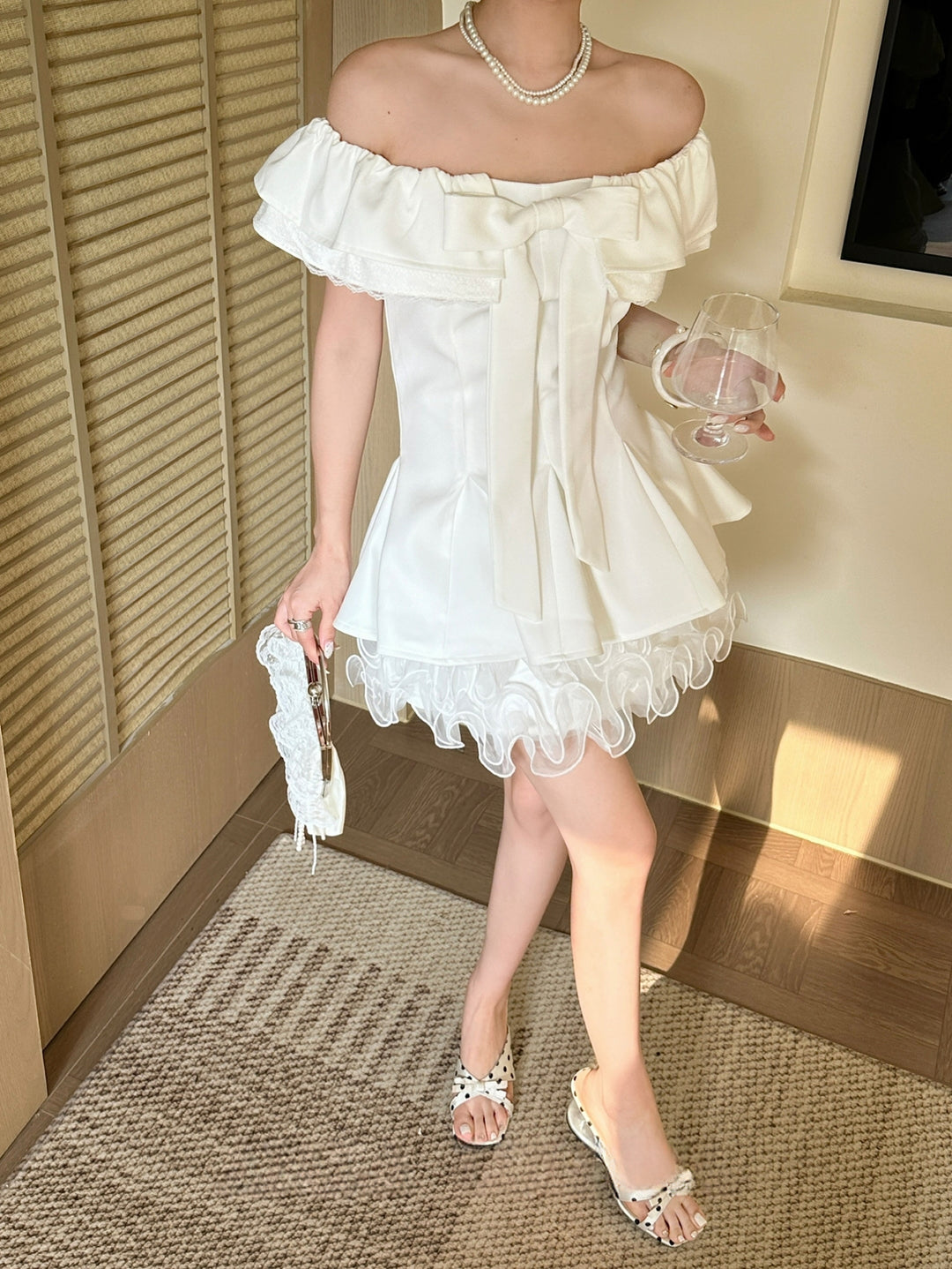 【dress】リボン付きレースドッキングミニワンピース Q8692