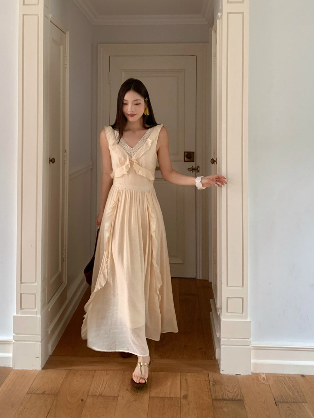 【dress】ノースリーブレースドッキングロングワンピース Q8657