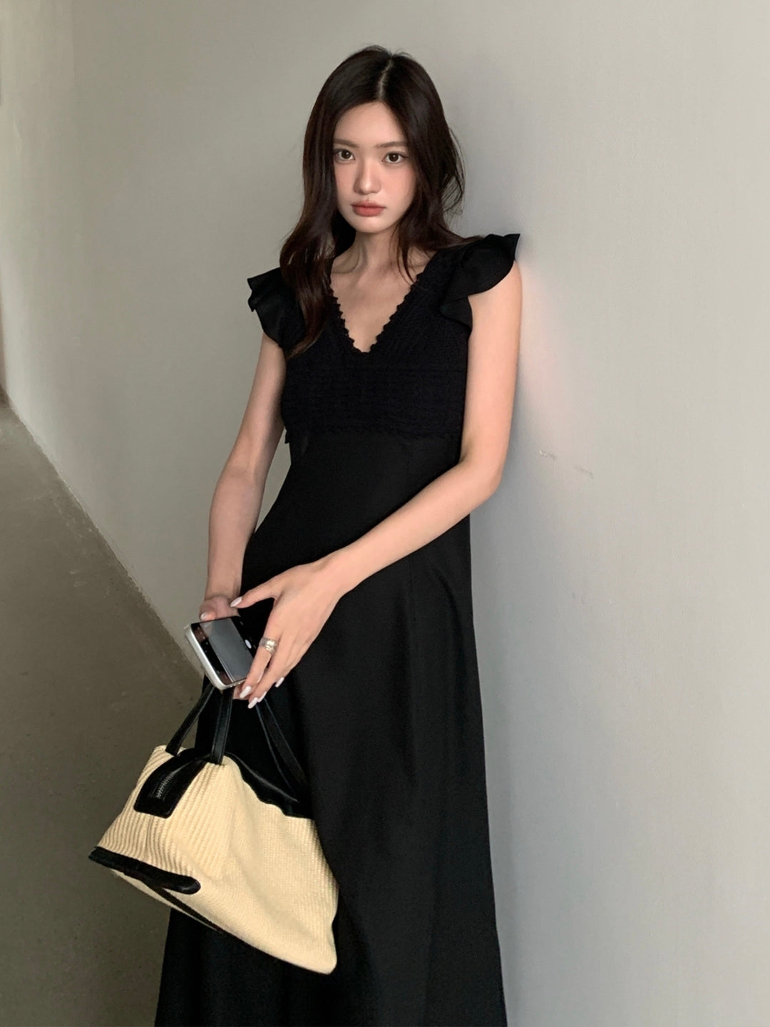 【dress】レースドッキングフラッタースリーブワンピース Q8672