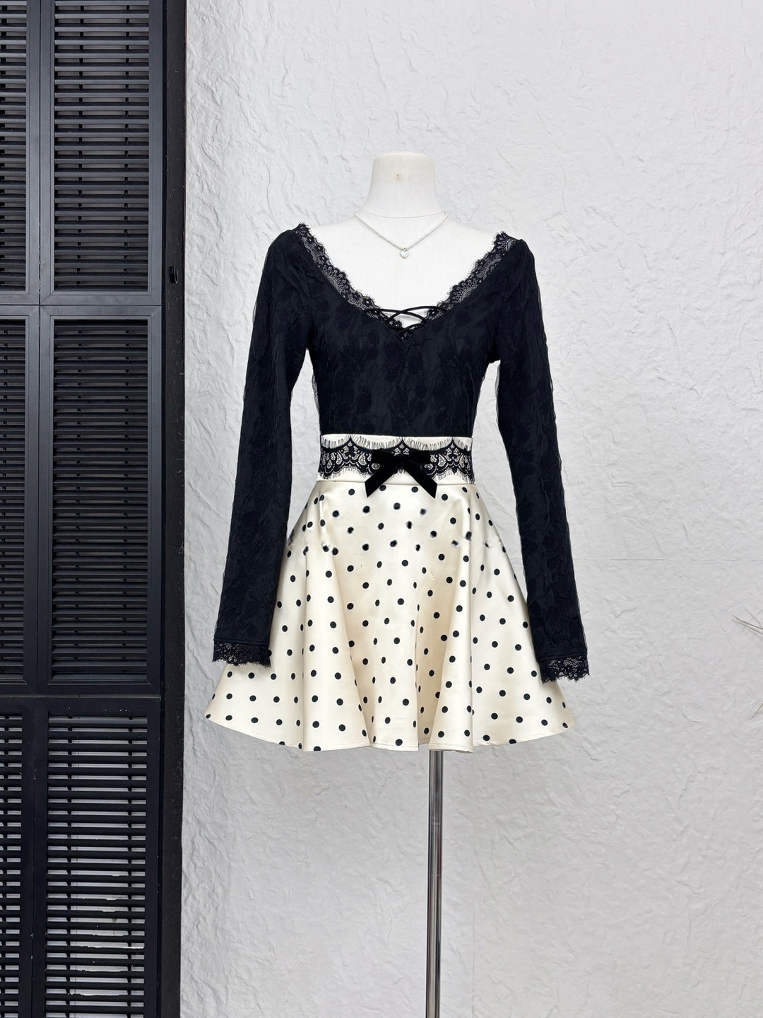 【set】レースドッキングトップス×ドット柄ミニスカートセット Q9278