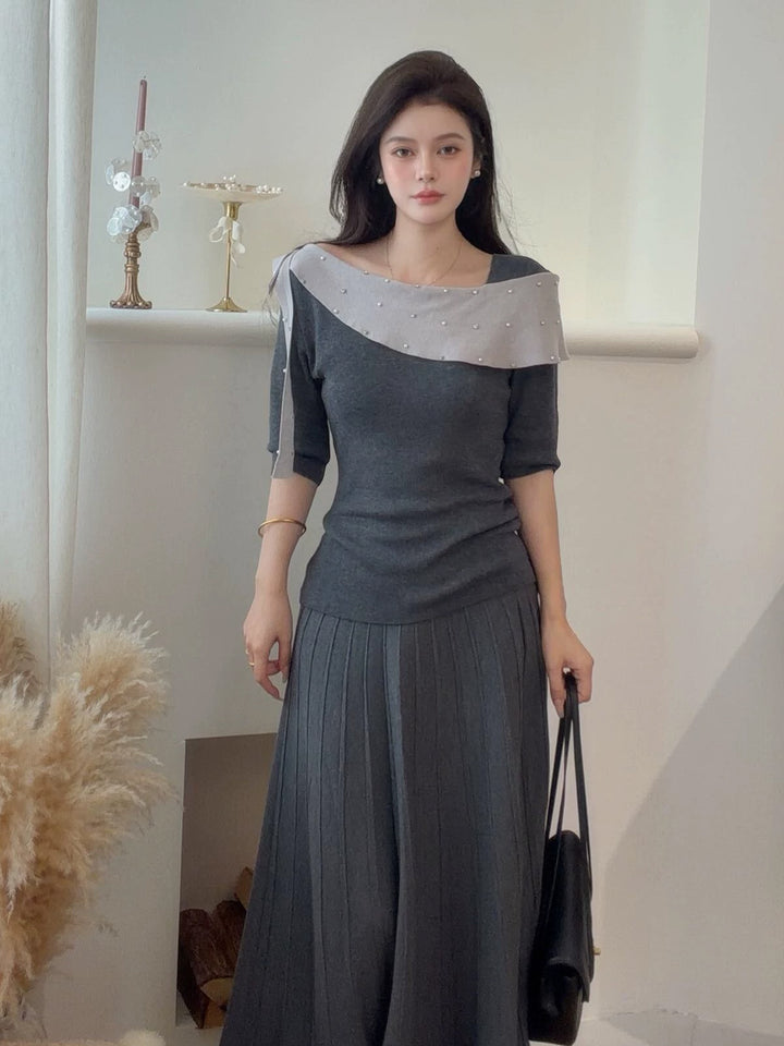 【tops】ラインストーン付きロールカラーニットトップス Q9076
