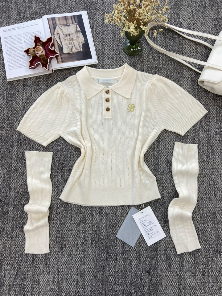 【tops】アームカバー付きニットポロシャツ Q8949