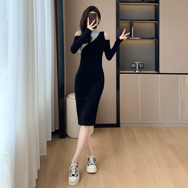 【dress】韓国系オフショルダーニットワンピース　M17599