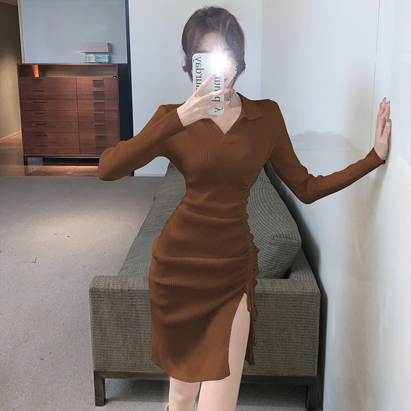 【dress】話題沸騰中 オシャレスリットニットワンピース　M17466