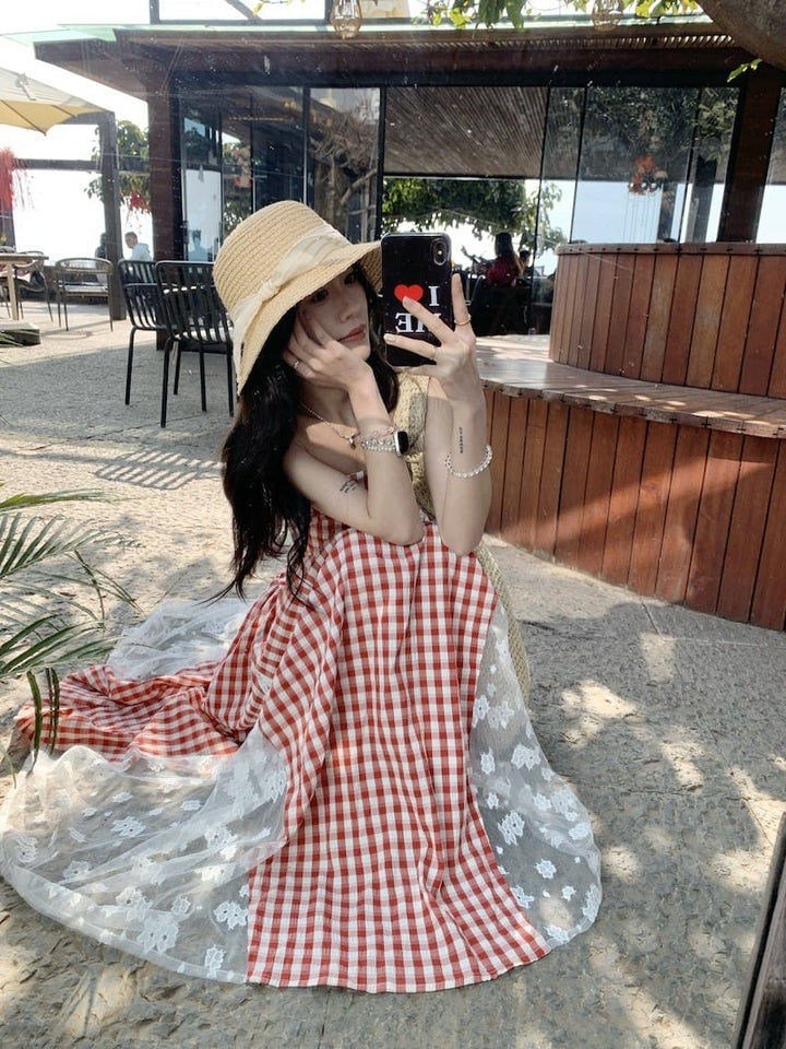 【dress】レースドッキングチェック柄ワンピース　M29795