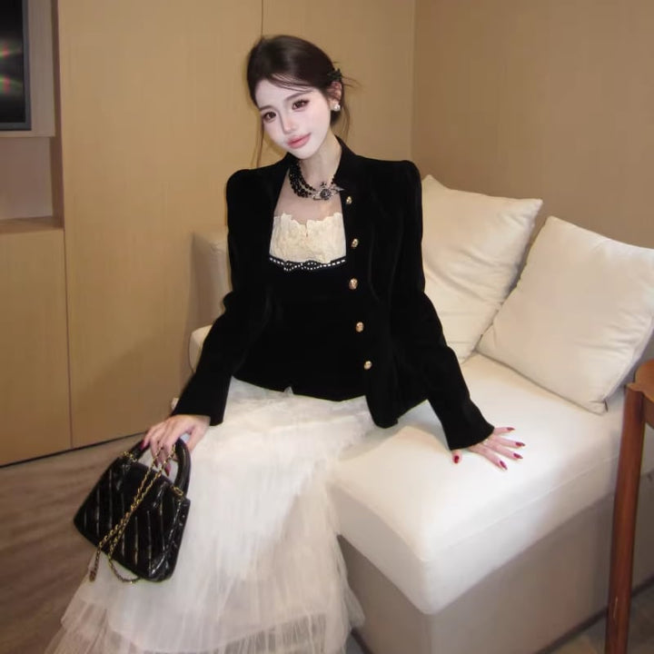【outer】Vネックベルベットコート Q7903
