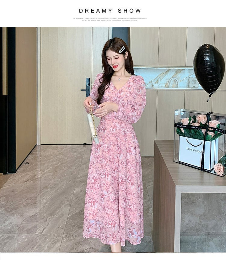 【dress】細身効果抜群♪Vネックスウィート花柄ワンピース　M17257