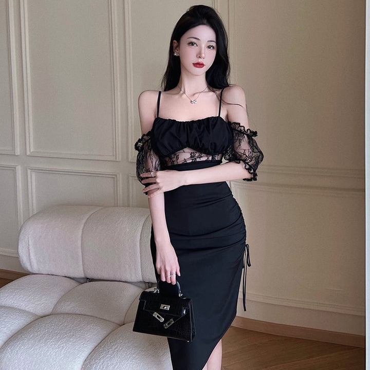 【dress】韓国系セクシーレース切り替えキャミワンピース　M17058