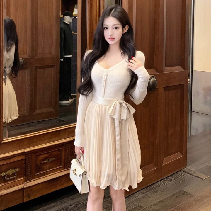 【dress】リボン付きプリーツニットワンピース Q7283