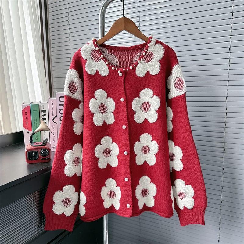 【outer】フラワーモチーフパール付きカーディガン　N2757