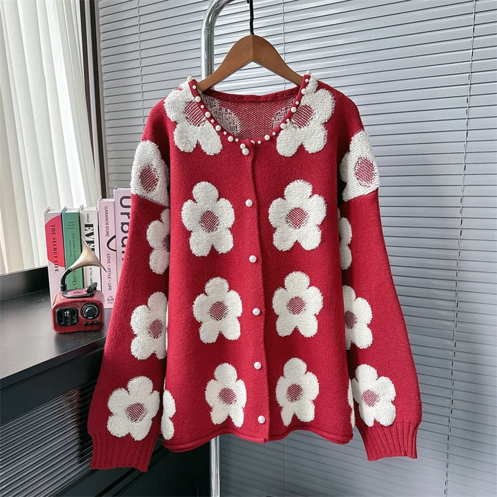 【outer】フラワーモチーフパール付きカーディガン　N2757