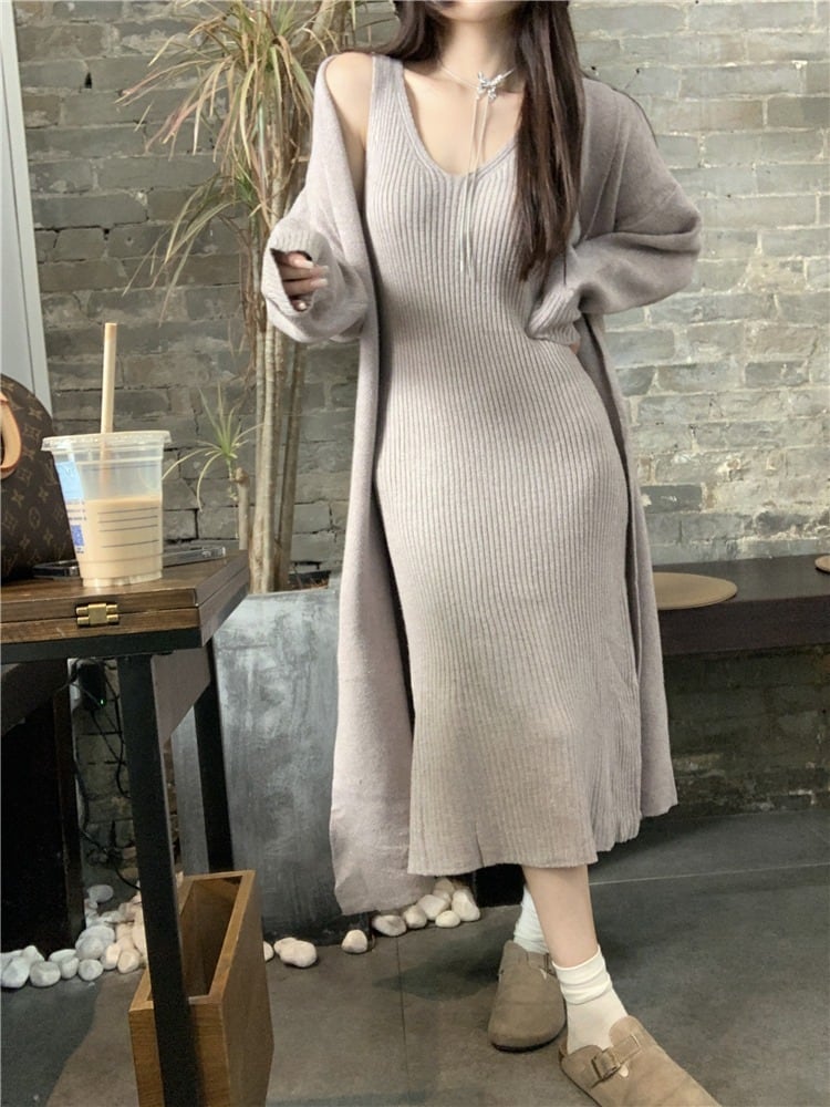 【set】ロング丈ニットカーデ×ワンピースセット　M18163