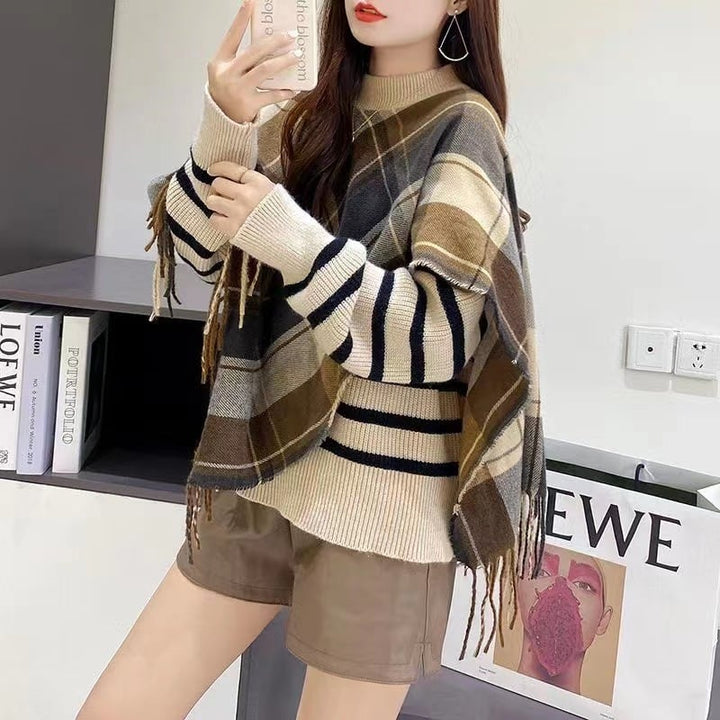 【tops】ドッキングチェック柄ニットセーター　M18371