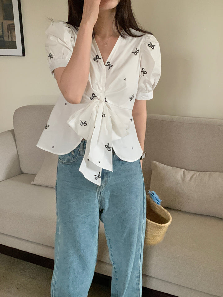 【tops】リボンプリントシャツトップス　M23890
