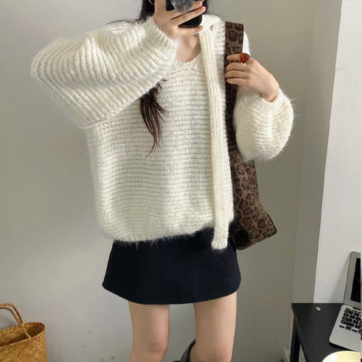 【tops】スカーフ付きニットトップス Q7165