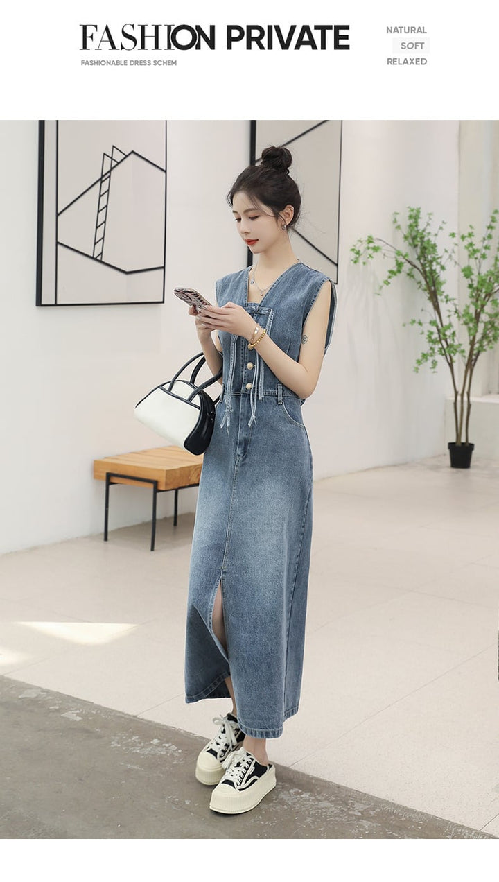【dress】絶対流行ファッションノースリーブデニムワンピース　M16834