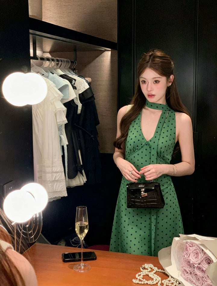 【dress】スカーフ付きドット柄ホルターネックミニワンピース Q8530
