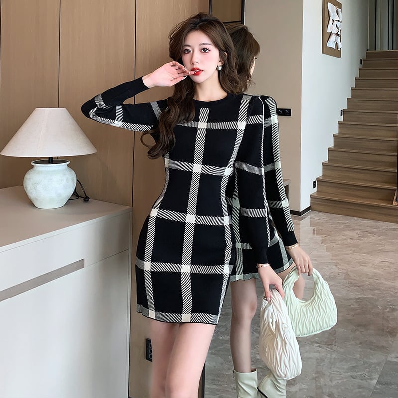 【dress】韓国系チェック柄ニットワンピース着瘦せ　M17626