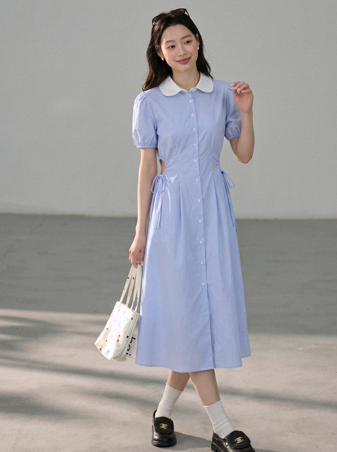 【dress】ピーターパンカラー腰カットロングワンピース Q8803