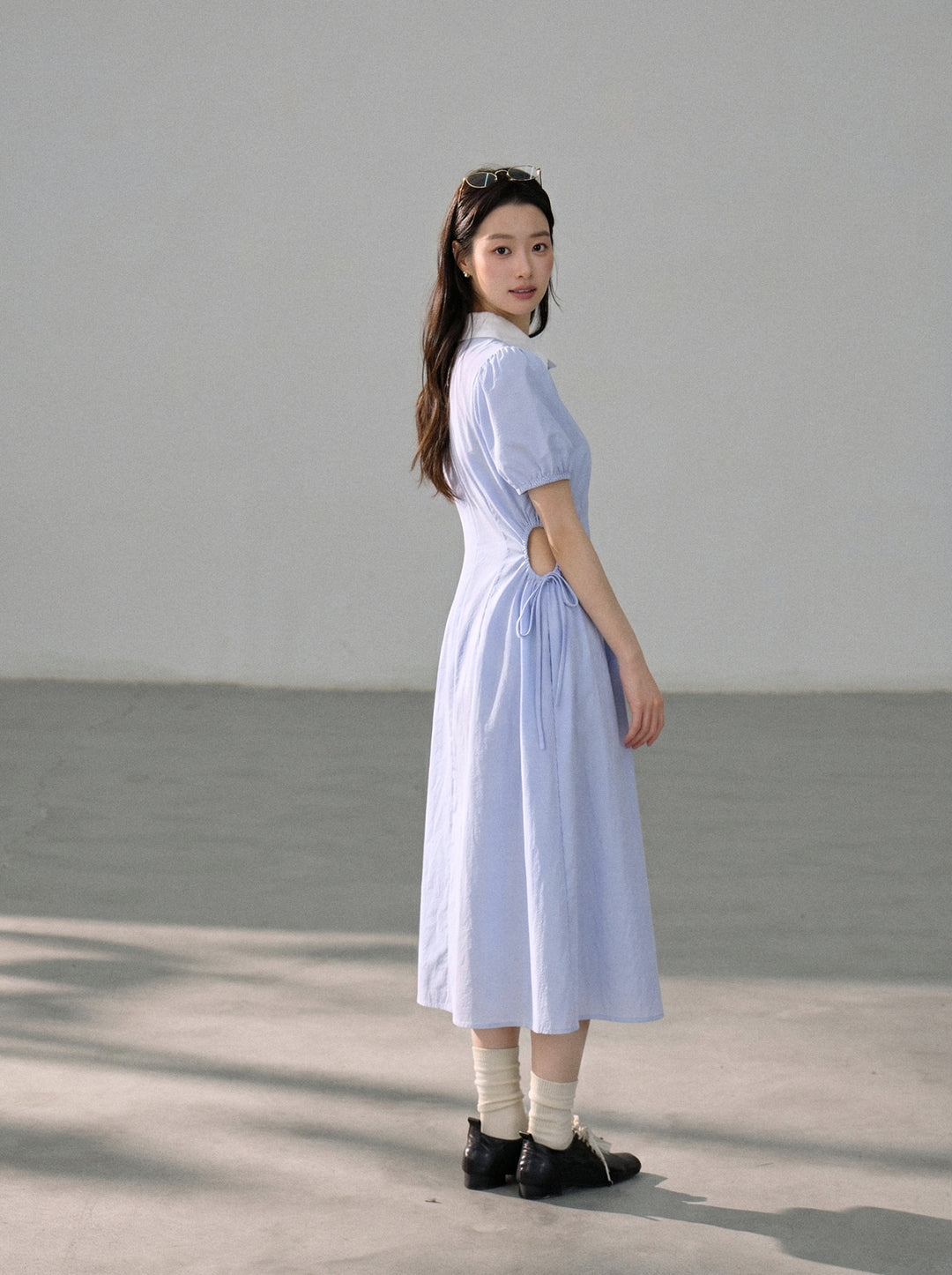 【dress】ピーターパンカラー腰カットロングワンピース Q8803