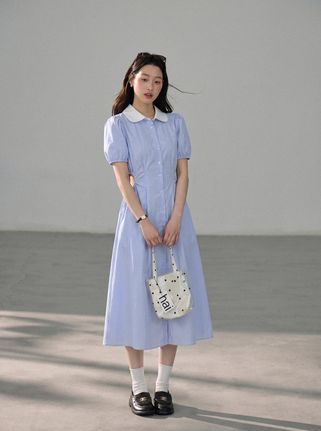 【dress】ピーターパンカラー腰カットロングワンピース Q8803