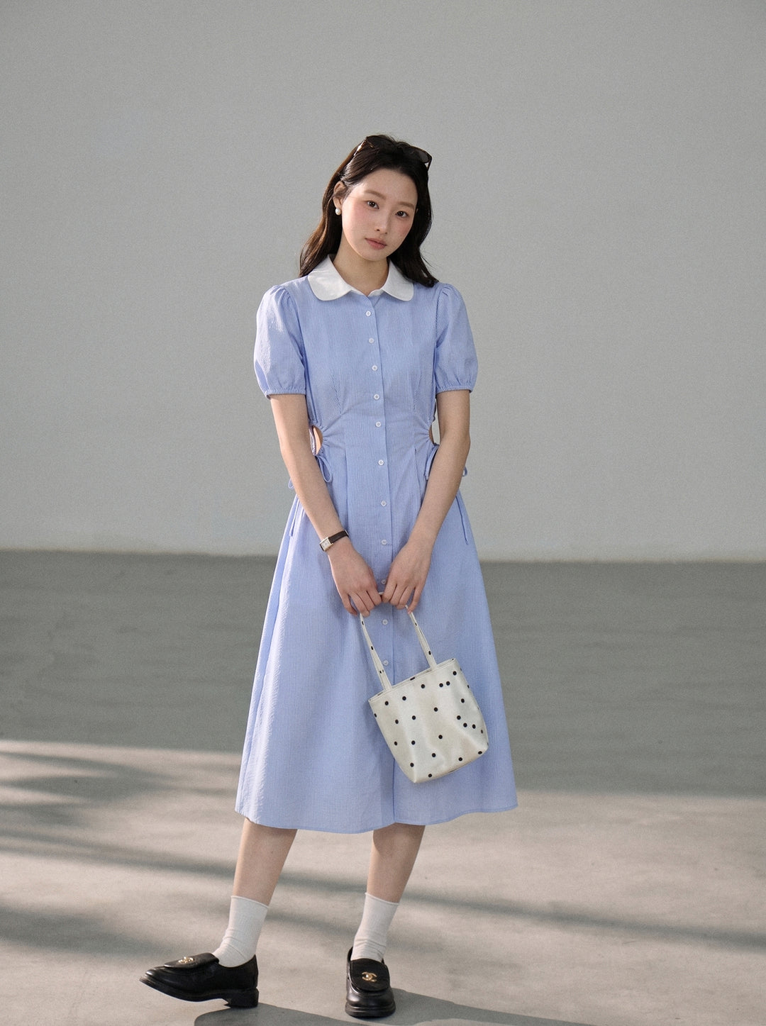 【dress】ピーターパンカラー腰カットロングワンピース Q8803