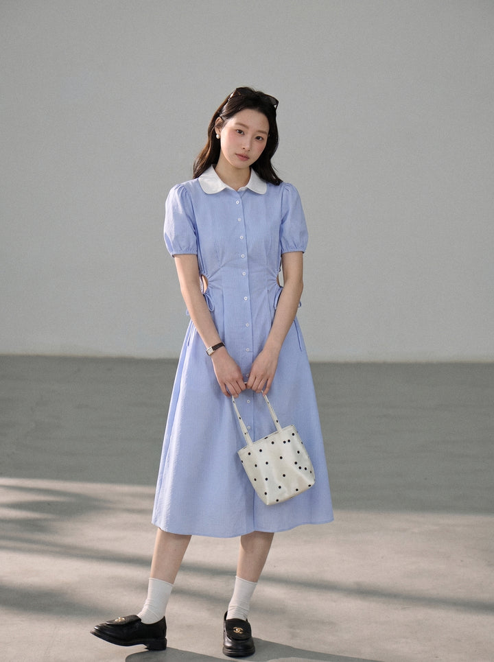【dress】ピーターパンカラー腰カットロングワンピース Q8803
