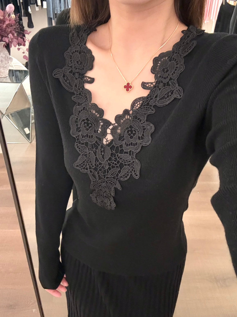 【tops】レースドッキングVネックニットトップス Q9148