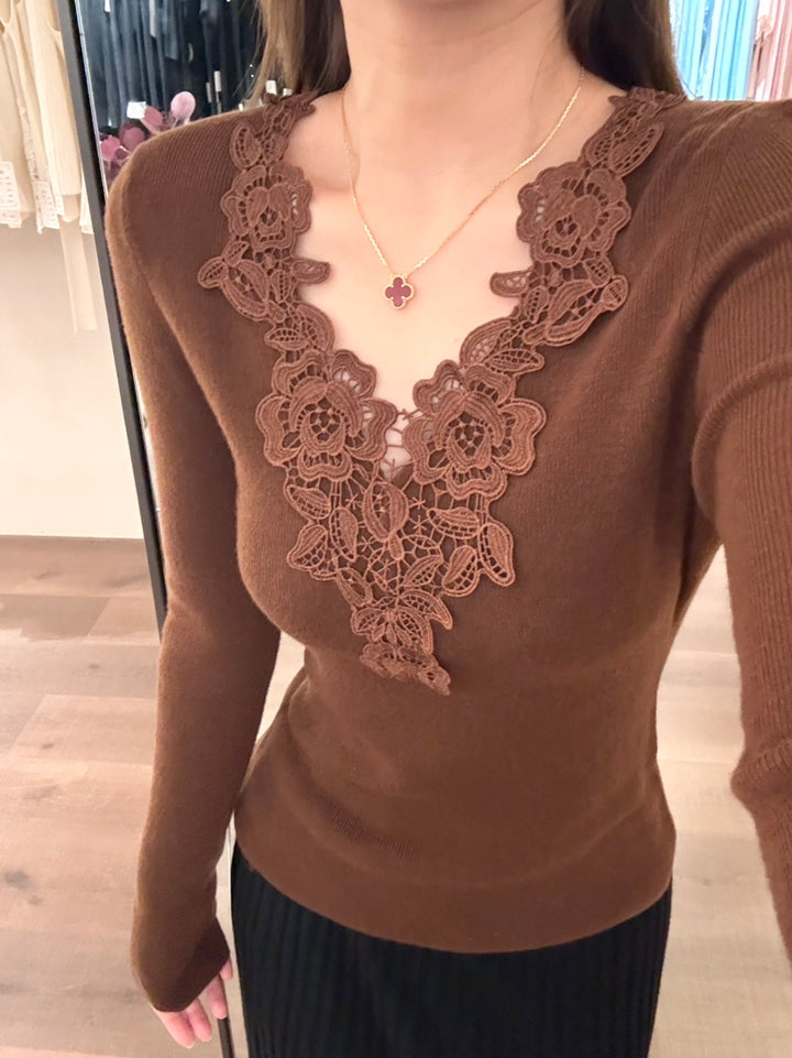 【tops】レースドッキングVネックニットトップス Q9148