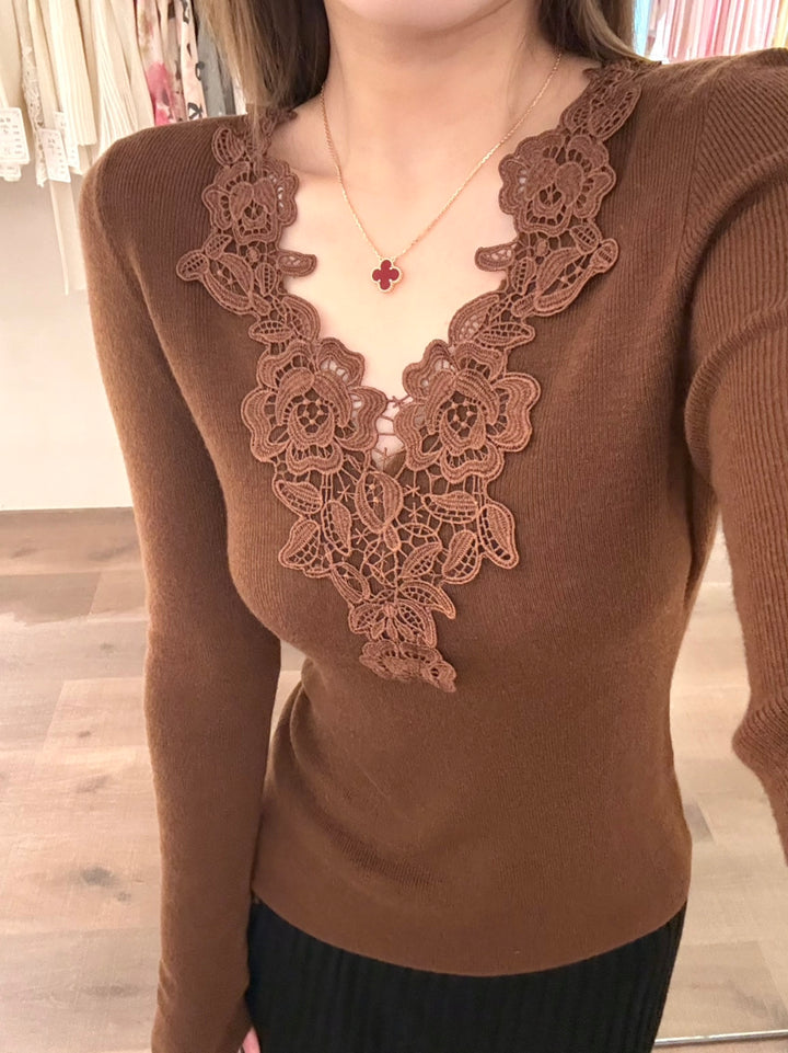 【tops】レースドッキングVネックニットトップス Q9148