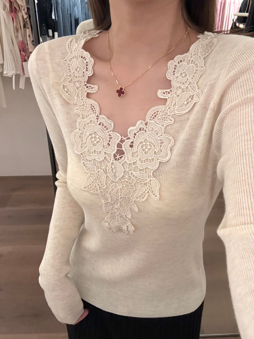 【tops】レースドッキングVネックニットトップス Q9148