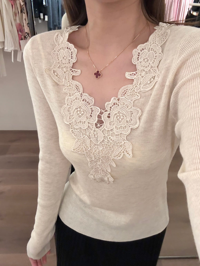 【tops】レースドッキングVネックニットトップス Q9148