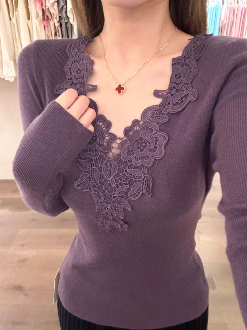 【tops】レースドッキングVネックニットトップス Q9148