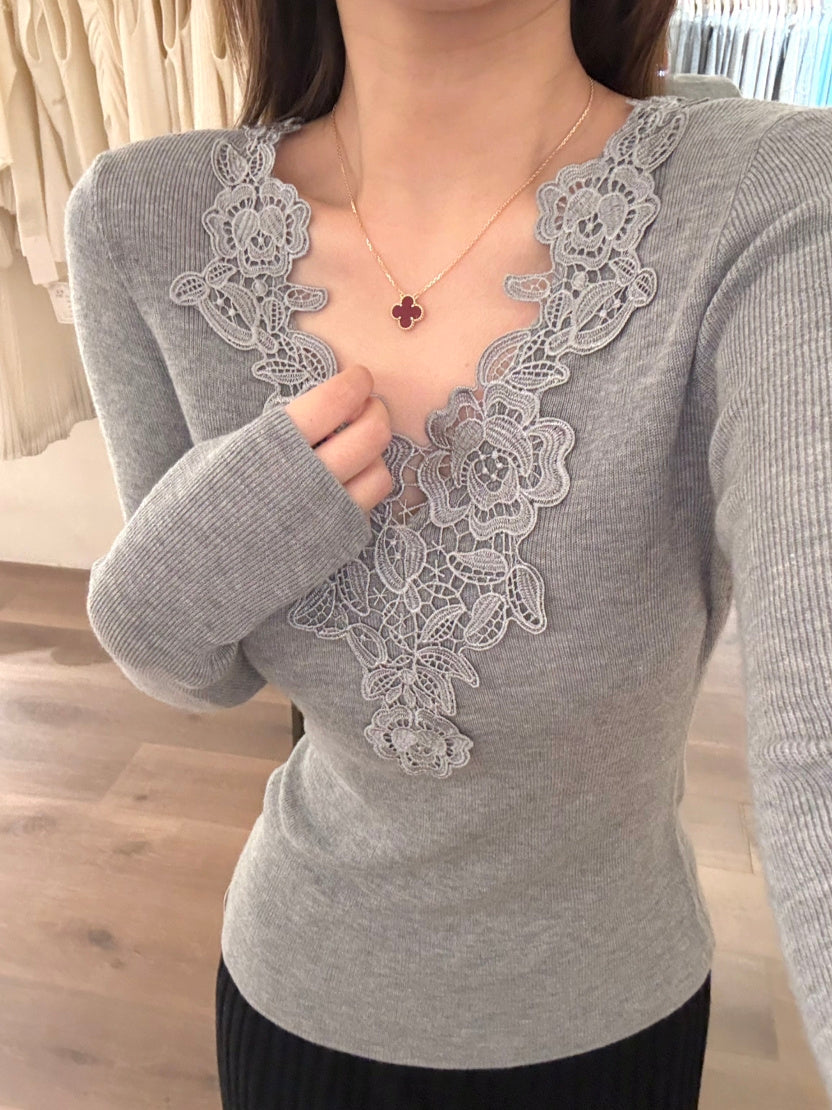 【tops】レースドッキングVネックニットトップス Q9148