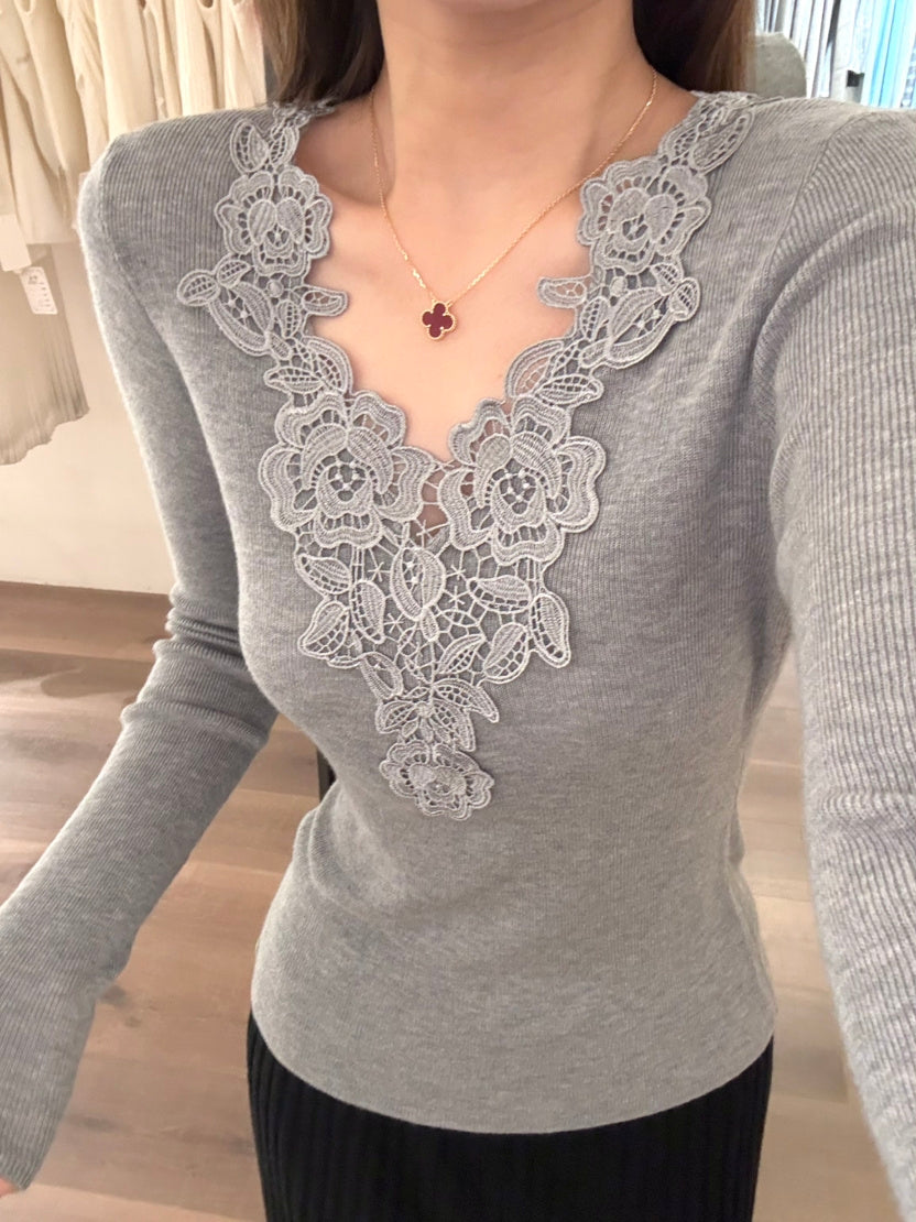【tops】レースドッキングVネックニットトップス Q9148
