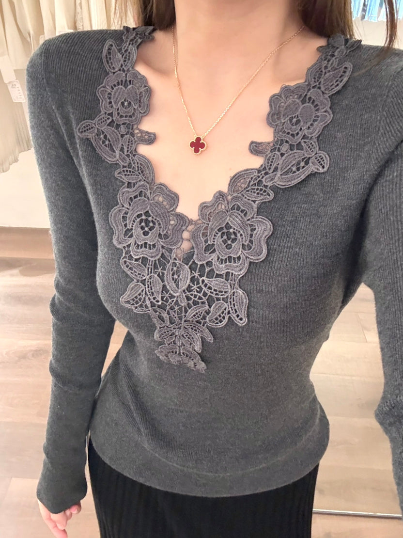 【tops】レースドッキングVネックニットトップス Q9148
