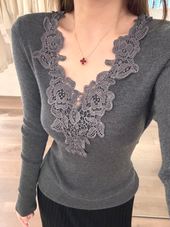 【tops】レースドッキングVネックニットトップス Q9148