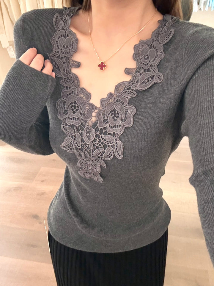 【tops】レースドッキングVネックニットトップス Q9148