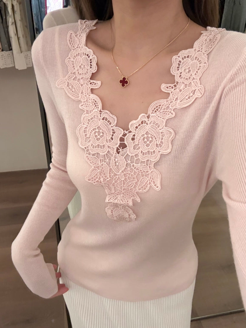 【tops】レースドッキングVネックニットトップス Q9148