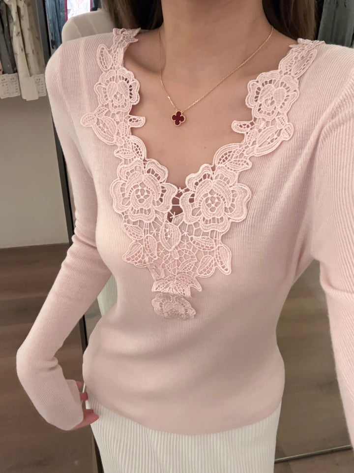 【tops】レースドッキングVネックニットトップス Q9148