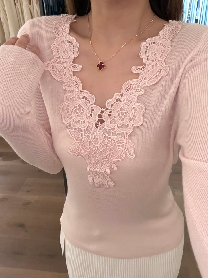 【tops】レースドッキングVネックニットトップス Q9148