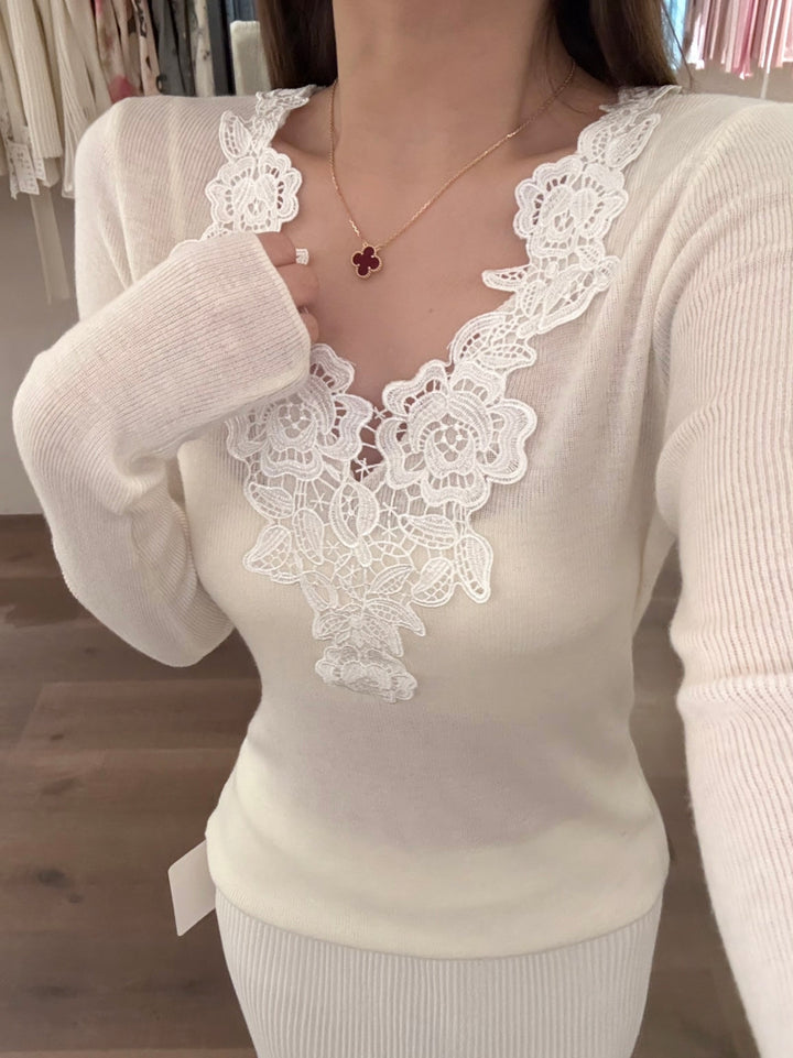 【tops】レースドッキングVネックニットトップス Q9148
