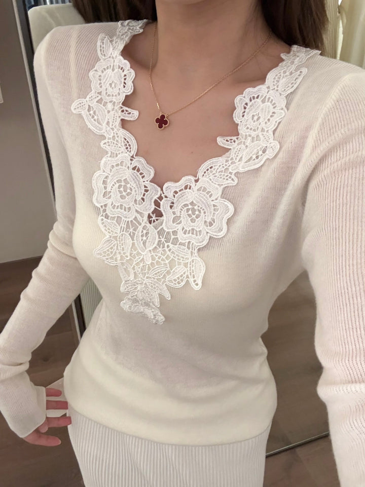 【tops】レースドッキングVネックニットトップス Q9148