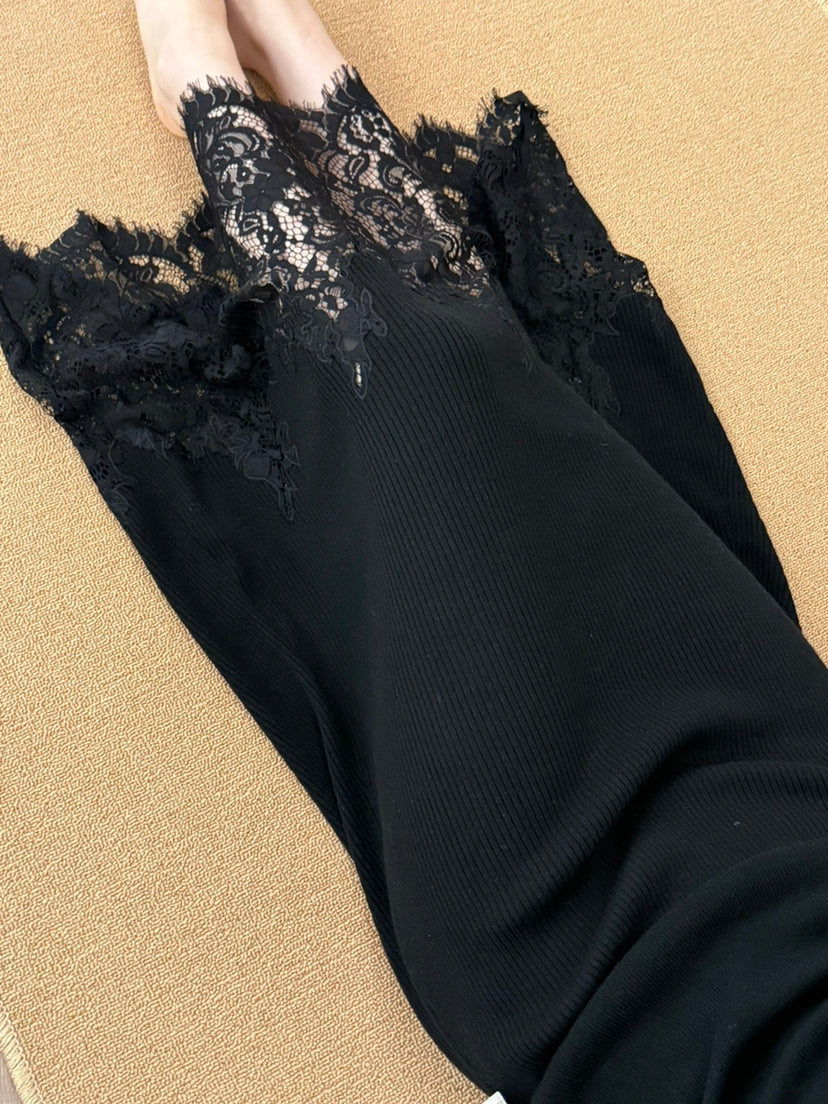 【bottoms】レースドッキングニットロングスカート Q9149