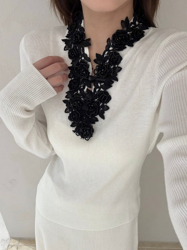 【tops】Vネックレースドッキングニットトップス Q9155