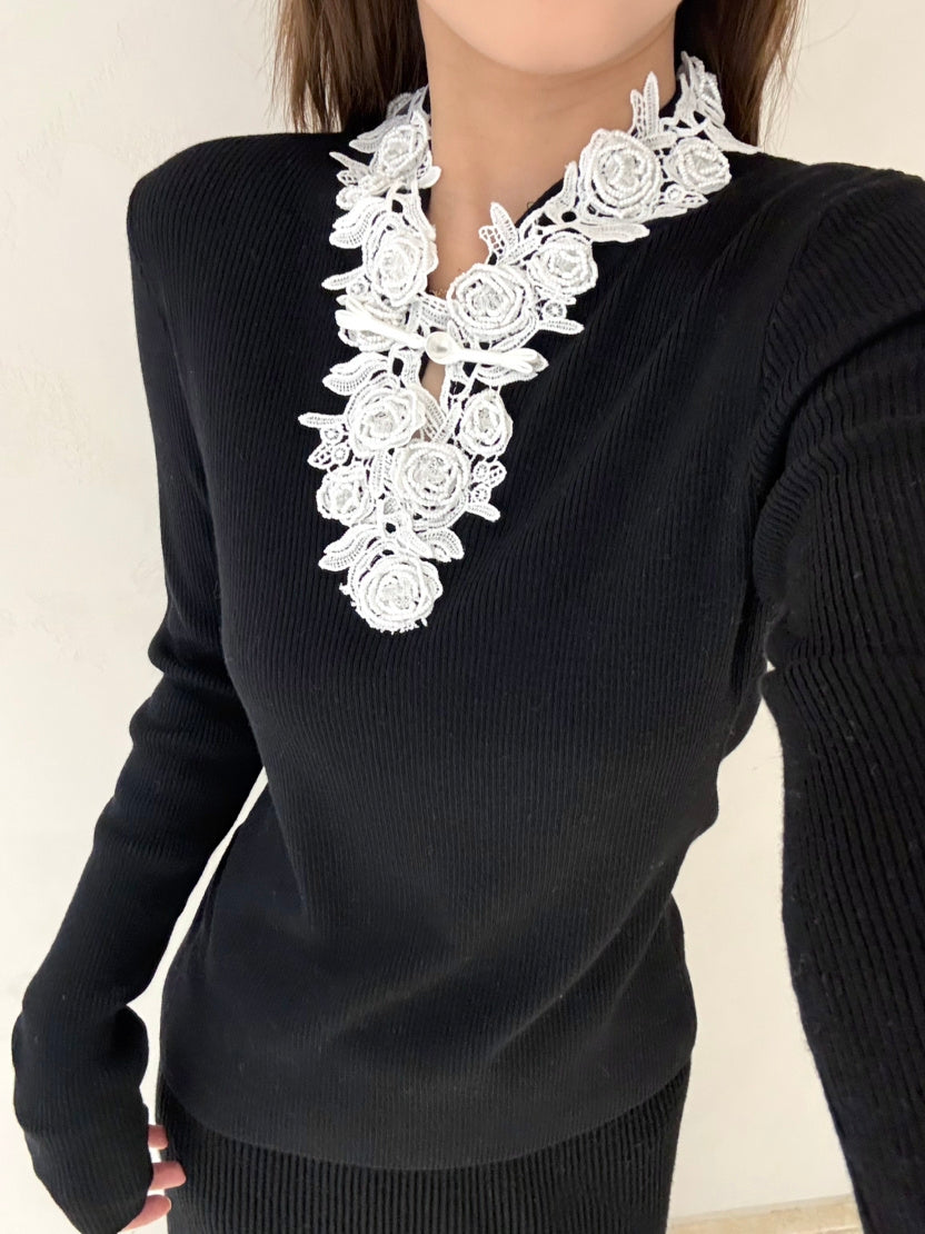 【tops】Vネックレースドッキングニットトップス Q9155