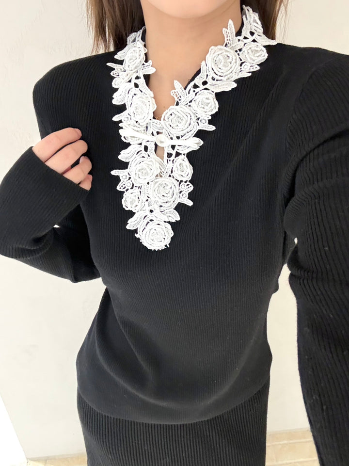 【tops】Vネックレースドッキングニットトップス Q9155